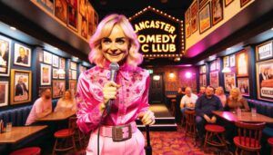 Barbie Sequel 2024 01 06 03.49.36 Photo of a blonde Barbie in pink attire performing at the Lancaster Comedy Club. The image captures her on stage with a microphone, engaging