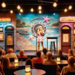 Barbie Sequel ·E 2024 01 03 09.47.32 Interior of the 'Columbia Comedy Club' in South Carolina with a blonde female comedian on stage. She's wearing pink beachwear, adding a fun and relaxe