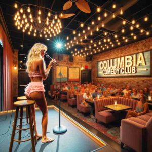 Barbie Sequel ·E 2024 01 03 09.47.34 Interior of the 'Columbia Comedy Club' in South Carolina with a blonde female comedian on stage. She's wearing pink beachwear, adding a fun and relaxe