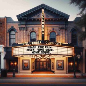 Barbie Sequel ·E 2024 01 03 09.47.49 Exterior of the 'Columbia Comedy Club' in South Carolina, with a marquee announcing 'Ready for Film Crew, Movie Sequel'. The club showcases a classic