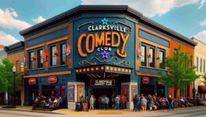 Barbie Sequel ·E 2024 01 06 08.14.48 Photo of the exterior of the Clarksville Comedy Club. The image shows the club's facade, featuring a vibrant and welcoming design. The club's name 'Cl