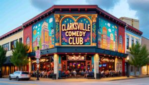 Barbie Sequel ·E 2024 01 06 08.14.50 Photo of the exterior of the Clarksville Comedy Club. The image shows the club's facade, featuring a vibrant and welcoming design. The club's name 'Cl