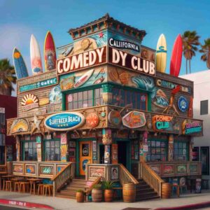 Barbie Sequel·E 2024 01 03 08.12.10 Exterior of a California beach surfing styled 'generic' comedy club. The building reflects a laid back beach vibe, with surf themed decorations, vibra Santa Clara Comedy Club ready for Barbie Sequel