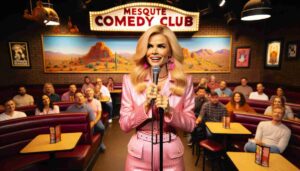 Barbie, dressed in pink, performing stand up comedy at the Mesquite Comedy Club. The image captures her on stage with a microphone