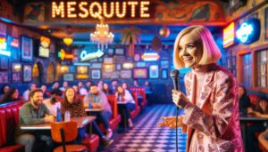 Barbie, dressed in pink, performing stand up comedy at the Mesquite Comedy Club. The image captures her on stage with a microphone 2