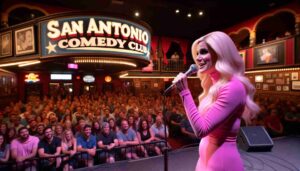 Barbie in pink, performing on stage at the San Antonio Comedy Club. The image should capture her engaging with 2