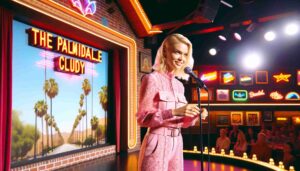 Blonde Palmdale Barbie in pink performing at the Palmdale Comedy Club. The image captures her on stage, engaging with the audience, microphone in hand
