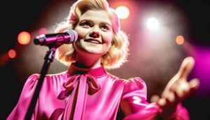 Close up view inside the Akron Comedy Club showing a young blonde female Barbie on stage, wearing a hot pink outfit. The image focus5