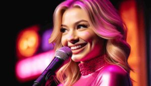 Close up view inside the Akron Comedy Club showing a young blonde female Barbie on stage, wearing a hot pink outfit. The image focus6