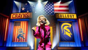 Close up, wide aspect interior view of the Grand Rapids Comedy Club, focusing on a young blonde female Barbie in a hot pink outfit o5