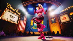Close up, wide aspect interior view of the Grand Rapids Comedy Club, focusing on a young blonde female Barbie in a hot pink outfit o6