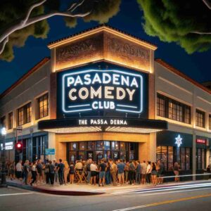 DALL·E 2024 01 03 06.49.26 A bustling scene outside the Pasadena Comedy Club. The club features a modern and lively facade with a large, illuminated sign reading 'Pasadena Comed