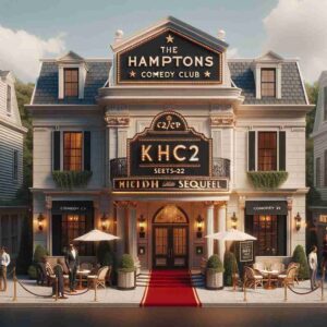 DALL·E 2024 01 03 09.16.30 Exterior of the Hampton Comedy Club, styled and prepared for filming a movie sequel. The building showcases a luxurious Hamptons' style with a sophist