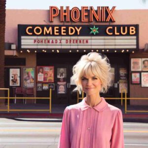 2024 01 06 09.31.06 Photo of a famous blonde Barbie in pink, standing outside the Phoenix Comedy Club. The image captures her on the sidewalk in front of the club, with