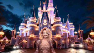  Exterior of the Magic Castle in Orlando, Florida, during evening. The castle is illuminated with enchanting lights, creating a magical and whimsical a