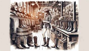 Drawing of a woman in Dallas shopping for cowboy boots and cowboy hats. The scene captures her in a traditional western wear store, surrounde2