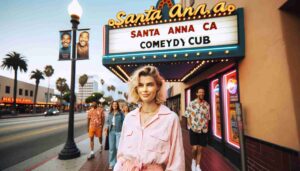Exterior of a comedy club in Santa Ana, CA, capturing the vibrant sidewalk scene with the young, attractive, blonde female Barbie in1