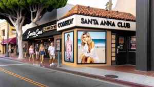 Exterior of a comedy club in Santa Ana, CA, showing the sidewalk with a young, attractive, blonde female Barbie in pink beachwear an2