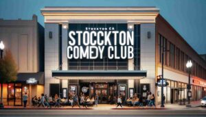 Exterior of a comedy club in Stockton, CA with a large, clear sign reading 'Stockton Comedy Club'. The building has a modern design wi1