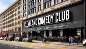 Exterior of a comedy club named 'Cleveland Comedy Club' with clear signage. The scene is on a busy sidewalk during the day. People are1 Exterior of a comedy club named 'Cleveland Comedy Club' with clear signage. The scene is on a busy sidewalk during the day. People are1