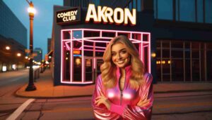 Exterior of the Akron Comedy Club featuring a young blonde female Barbie wearing a hot pink outfit. She is standing in front of the 1