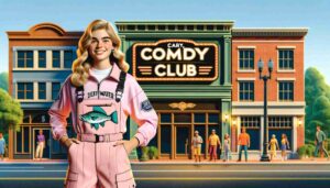 Exterior of the Cary, North Carolina Comedy Club. The scene features a young blonde female Barbie wearing a pink deepwater fishing o2