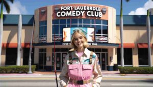 Exterior of the Fort Lauderdale Comedy Club A young blonde female Barbie, wearing a pink deepwater fishing outfit, stands confident2
