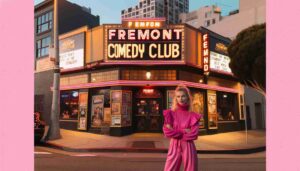 Exterior of the Fremont Comedy Club, featuring a young blonde female Barbie standing in front of the building. She is dressed in a v1 Exterior of the Fremont Comedy Club, featuring a young blonde female Barbie standing in front of the building. She is dressed in a v1