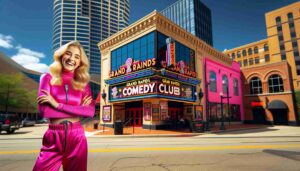 Exterior of the Grand Rapids Comedy Club, featuring a young blonde female Barbie wearing a hot pink outfit standing in front of the 1