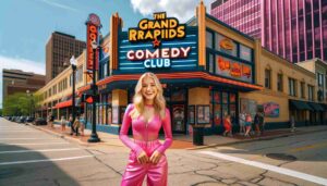 Exterior of the Grand Rapids Comedy Club, featuring a young blonde female Barbie wearing a hot pink outfit standing in front of the 2