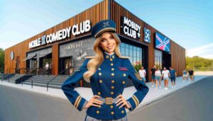 Exterior of the Mobile Comedy Club, featuring a young blonde female Barbie dressed in a Confederate Navy uniform. She is standing in4