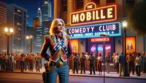 Exterior of the Mobile Comedy Club, featuring a young blonde female Barbie wearing a Confederate uniform. She is standing in front o1