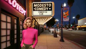 Exterior of the Modesto Comedy Club in California, featuring a young blonde female Barbie dressed in hot pink standing in front of t1