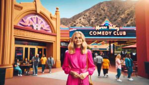 Exterior of the Moreno Valley Comedy Club, featuring a young blonde female Barbie dressed in hot pink standing in front of the build1 Exterior of the Moreno Valley Comedy Club, featuring a young blonde female Barbie dressed in hot pink standing in front of the build1