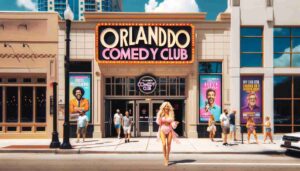 Exterior of the Orlando, Florida comedy club during daytime. The club's façade is modern and inviting with large windows and vibrant s4