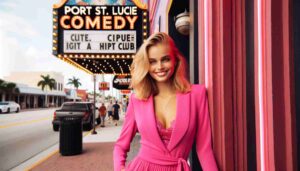 Exterior of the Port St. Lucie Comedy Club featuring a young blonde female Barbie dressed in hot pink, standing in front of the buil1