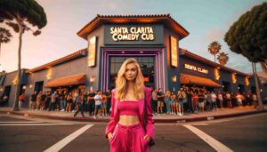 Exterior of the Santa Clarita Comedy Club, featuring a young blonde female Barbie standing in front of the building. She is dressed 1