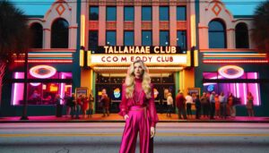 Exterior of the Tallahassee Comedy Club, featuring a young blonde female Barbie dressed in a striking hot pink outfit. She's standin1