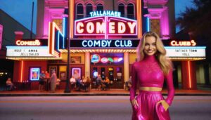 Exterior of the Tallahassee Comedy Club, featuring a young blonde female Barbie dressed in a striking hot pink outfit. She's standin2