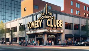 Exterior view of the Anchorage comedy club during the day. The facade features a distinctive sign with the club's name, with people wa7