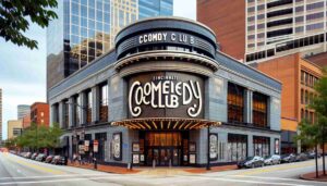 Exterior view of the Cincinnati Comedy Club building during the day. The architecture is modern with a distinctive entrance. A large, 1 Exterior view of the Cincinnati Comedy Club building during the day. The architecture is modern with a distinctive entrance. A large, 1