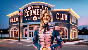 Exterior view of the Newport News Comedy Club featuring a young blonde female Barbie dressed in a pink Union Civil War outfit standi1