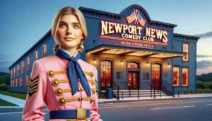 Exterior view of the Newport News Comedy Club featuring a young blonde female Barbie dressed in a pink Union Civil War outfit standi2