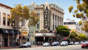 Exterior view of the Oakland Comedy Club during the day. The building has a distinct design with a prominent 'Oakland Comedy Club' sign. The 5