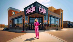 Exterior view of the Sioux Falls Comedy Club. In front of the building stands a young blonde female Barbie wearing a vibrant hot pin1 Exterior view of the Sioux Falls Comedy Club. In front of the building stands a young blonde female Barbie wearing a vibrant hot pin1