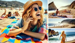 A blonde female comedian sunbathing on Zuma Beach in Malibu. What is the cultural significance of Malibu Barbie?