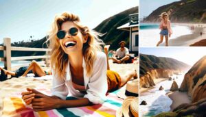 What is the cultural significance of Malibu Barbie?  Zuma Beach in Malibu. She's lying on a colorful beach towel, laughing, with a sun hat and sunglasses...
