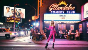 Image 1 A young, attractive blonde Barbie dressed provocatively in hot pink, performing on stage at the Glendale Comedy Club. The s1