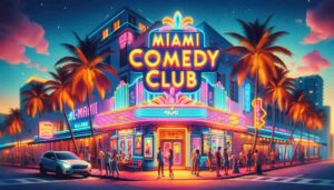 Image of a comedy club in Miami with bright, colorful signage reading 'Miami Comedy Club'. The scene is vibrant, with palm trees and neon lig3