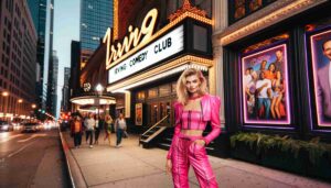 Image of a young, attractive blonde Barbie dressed in a hot pink, provocative outfit, standing on a sidewalk in front of the Irving 2 Image of a young, attractive blonde Barbie dressed in a hot pink, provocative outfit, standing on a sidewalk in front of the Irving 2